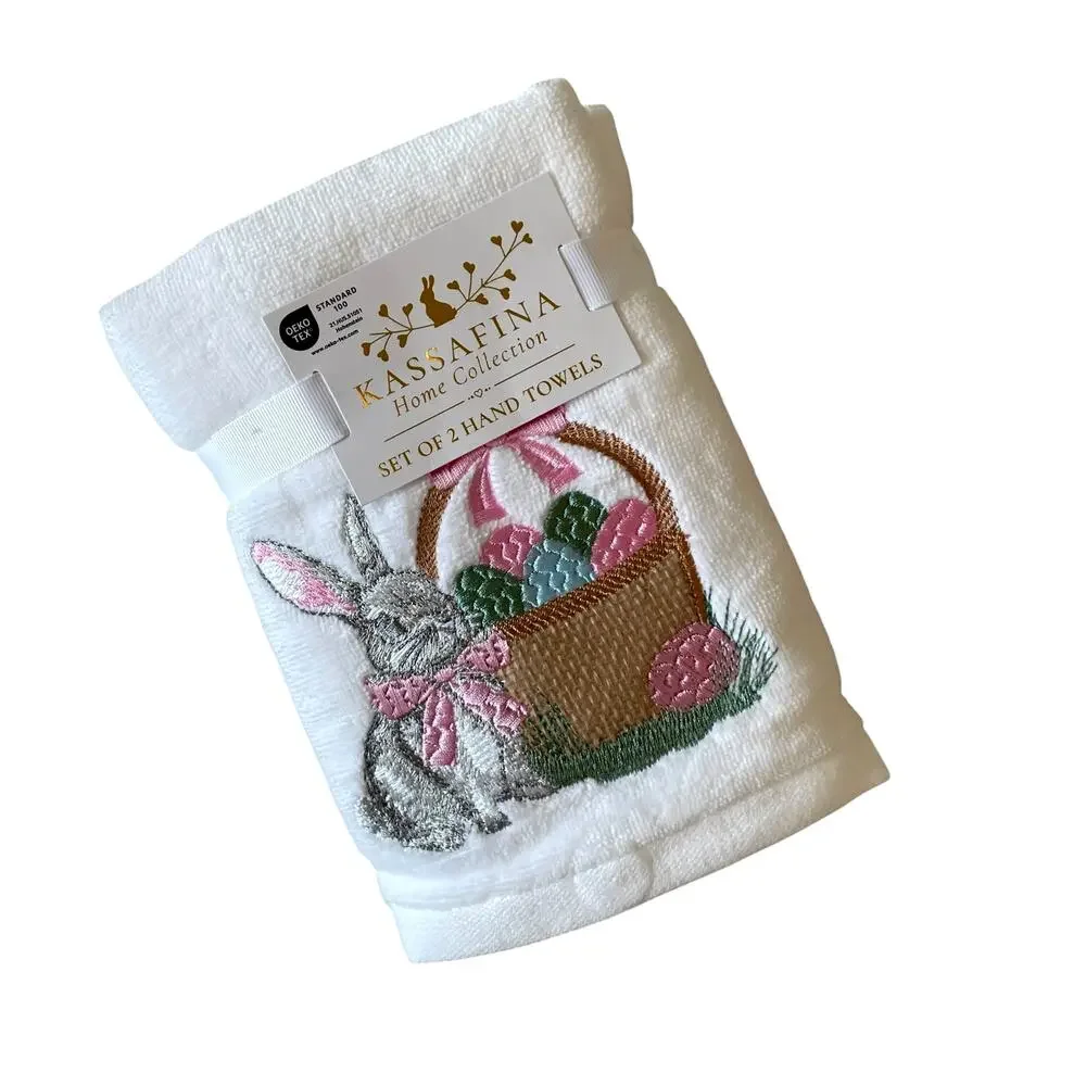 NEW Kassafina 2 Pk Plush Hand Towels Embroidered Spring Easter Bunny Eggs Basket